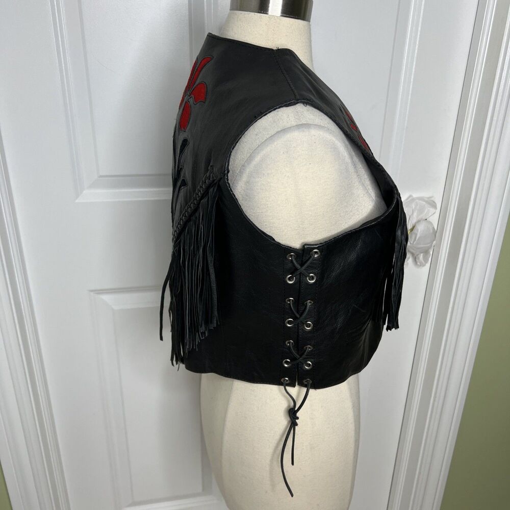 Silver Bike Leather Motorcycle Vest Red Floral Fringe Jacket L Festival Read - Picture 6 of 16